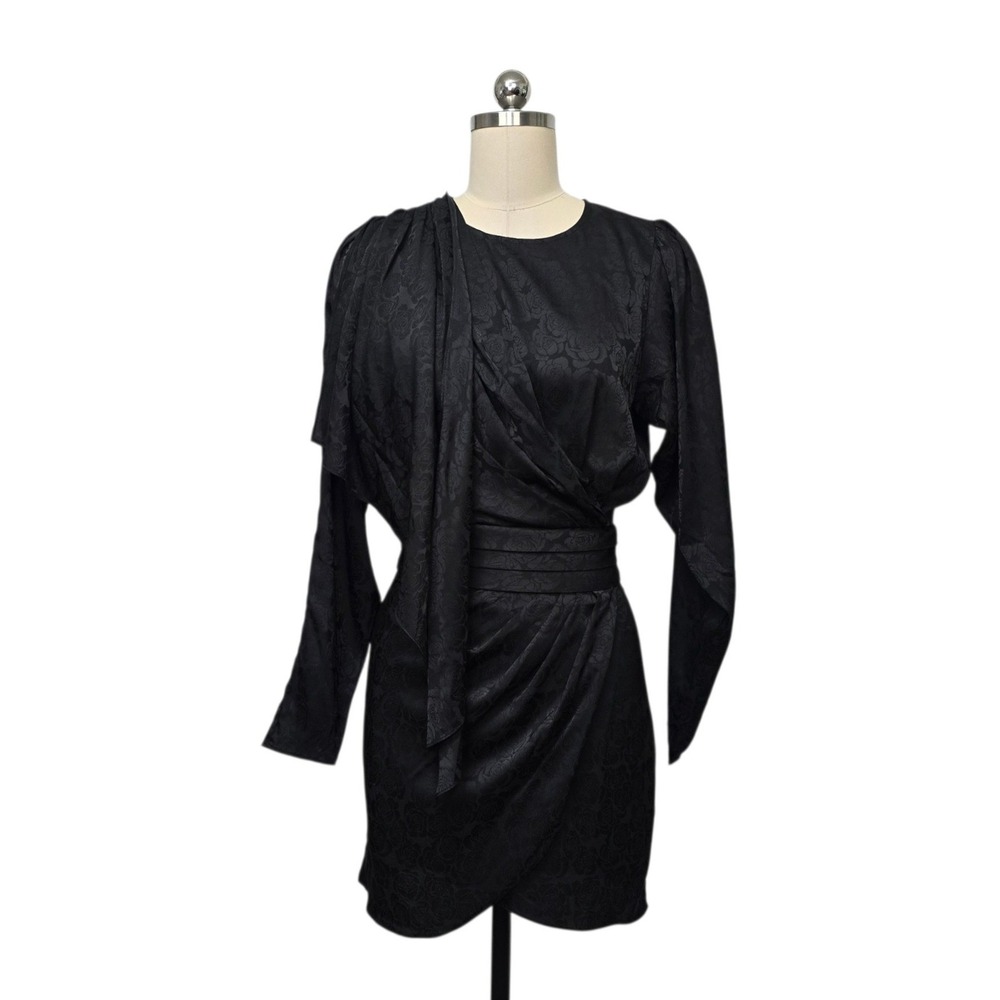 Ronny Kobo Black Floral Jacquard Draped Mini‎ Dress Long Sleeve Size Small